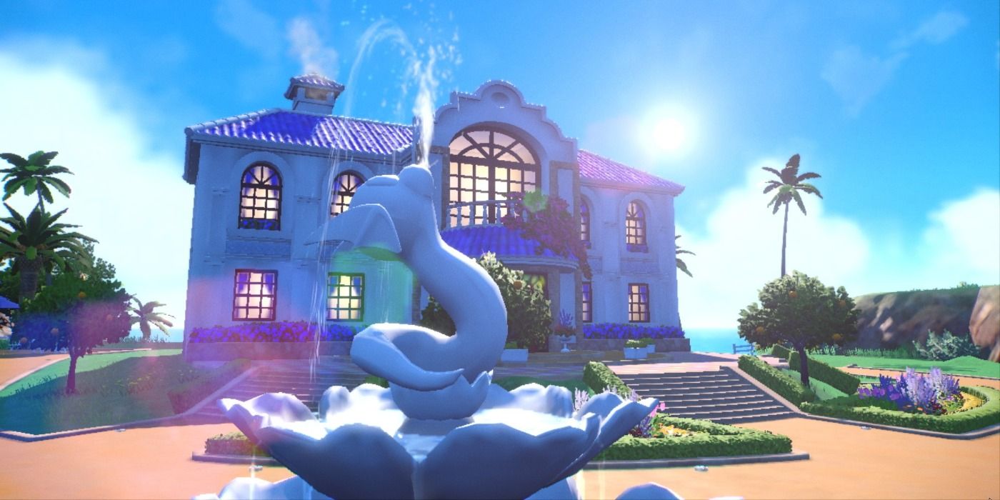 Pokémon Scarlet and Violet screenshot of a Dratini fountain and building