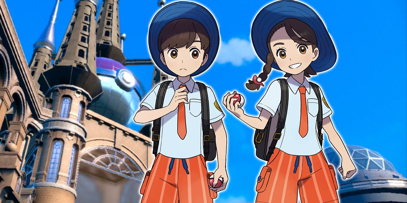 Pokemon Scarlet and Violet characters with an ornate building in the background