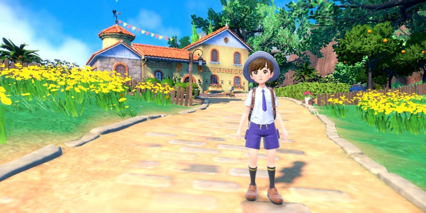 The Pokemon Scarlet and Violet protagonist walks down a path next to flowers