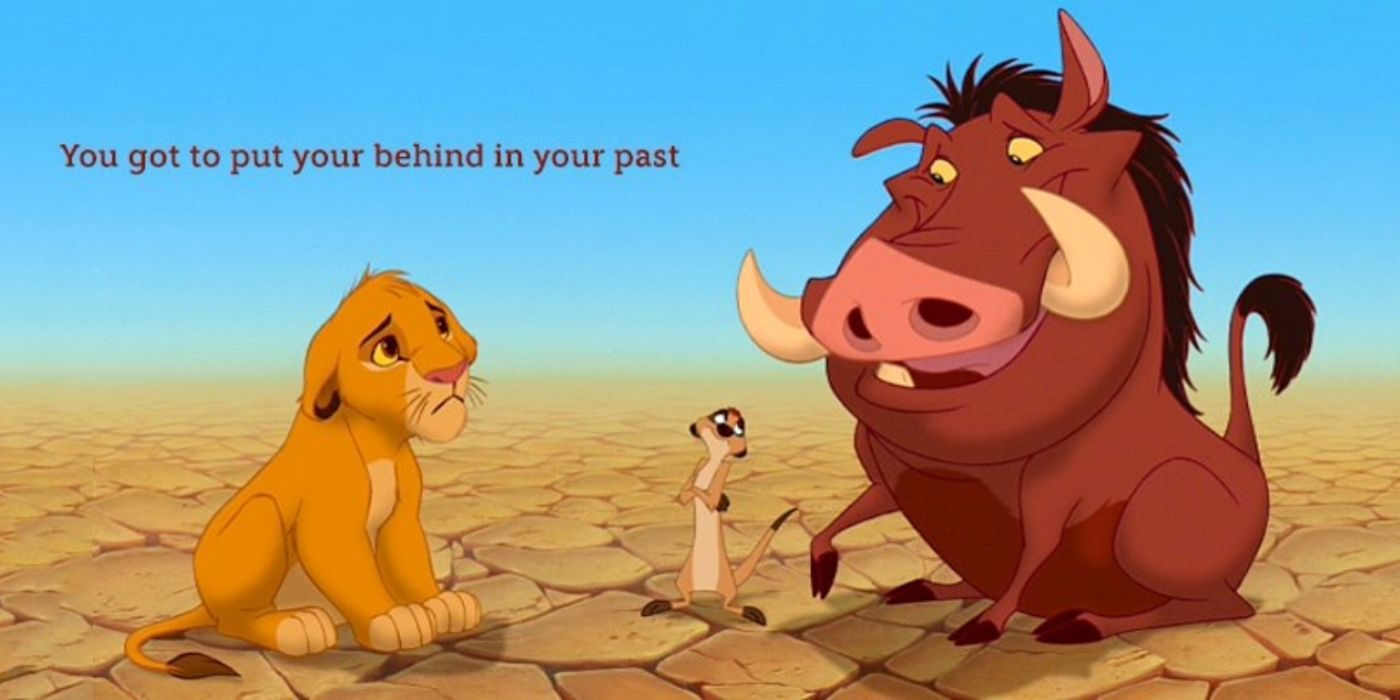 Pumbaa and Timon talking to Simba about putting the past behind them on The Lion King