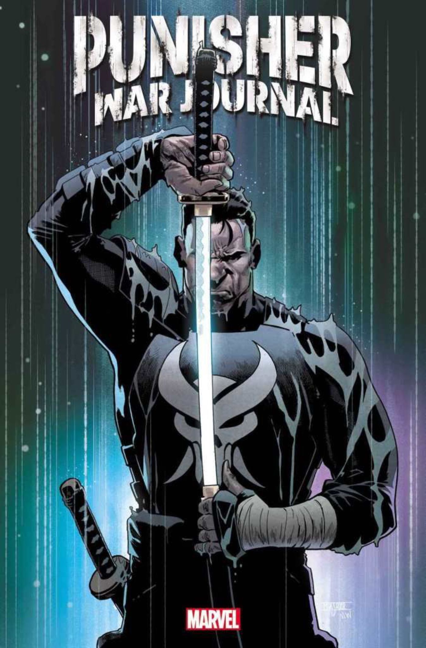 Punisher War Journal cover, showing Punisher holding a sword in the rain