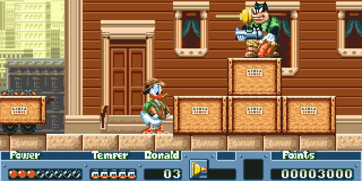 Donald Duck facing off with Pete in the video game Quackshot