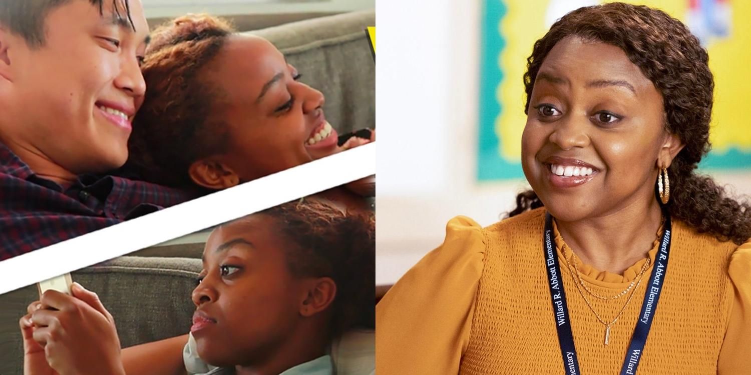Quinta Brunson in screenshots from a Buzzfeed video and as Janine in Abbott Elementary