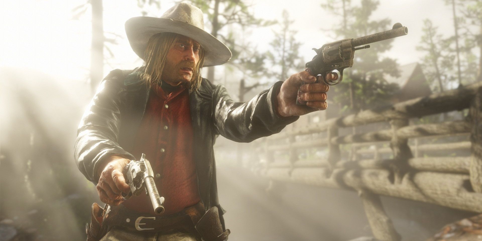 Micah carries a twin pair double-action revolvers, with red skulls on the grips and 