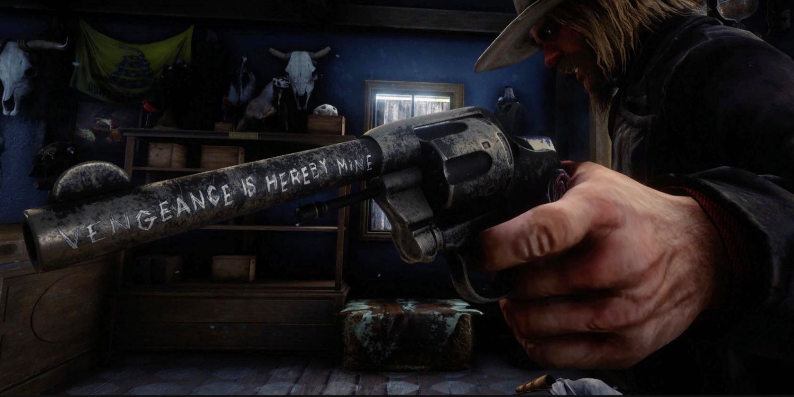 Micah has a Double-Action Revolver with &quot;Vengeance is hereby mine&quot; etched into the barrel