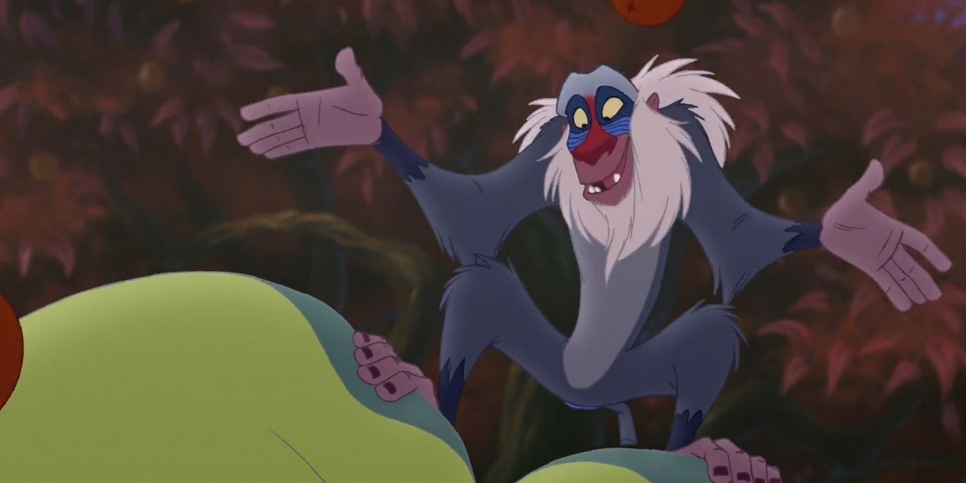 Rafiki standing on green bumps and smiling on The Lion King