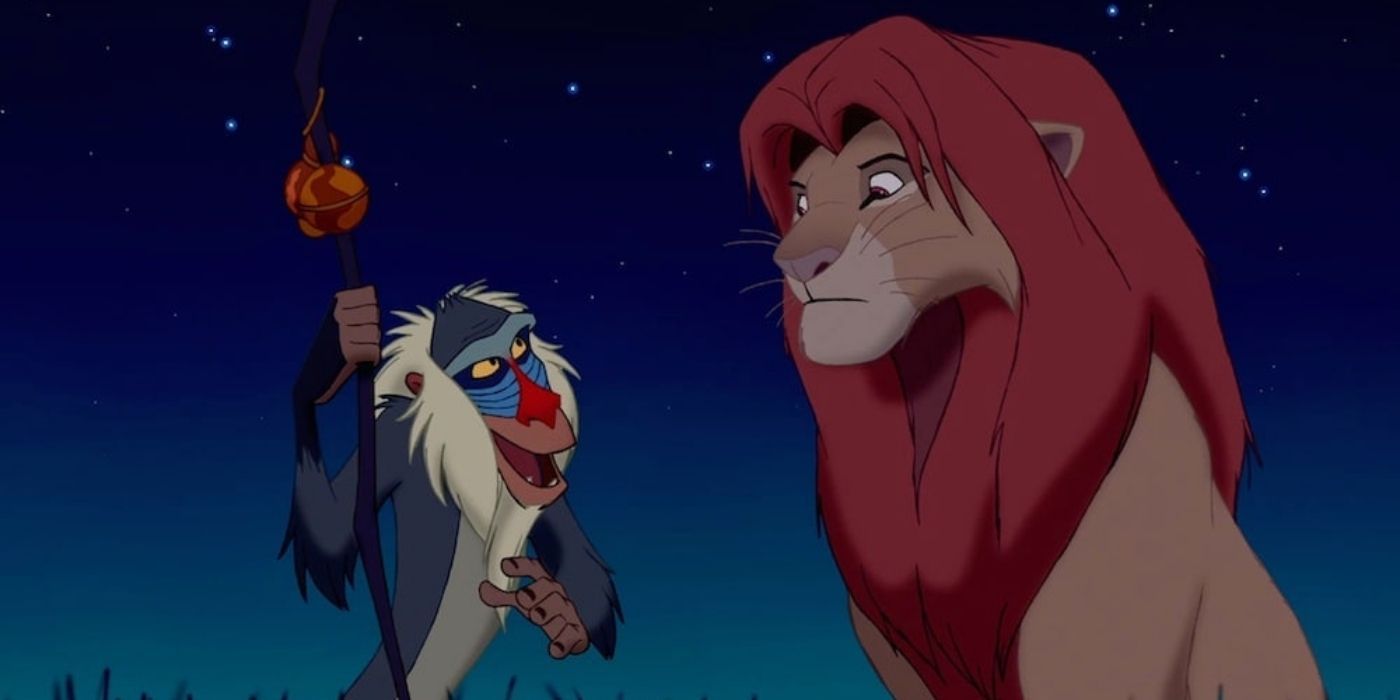 Rafiki talking to Simba in the field at night on Lion King