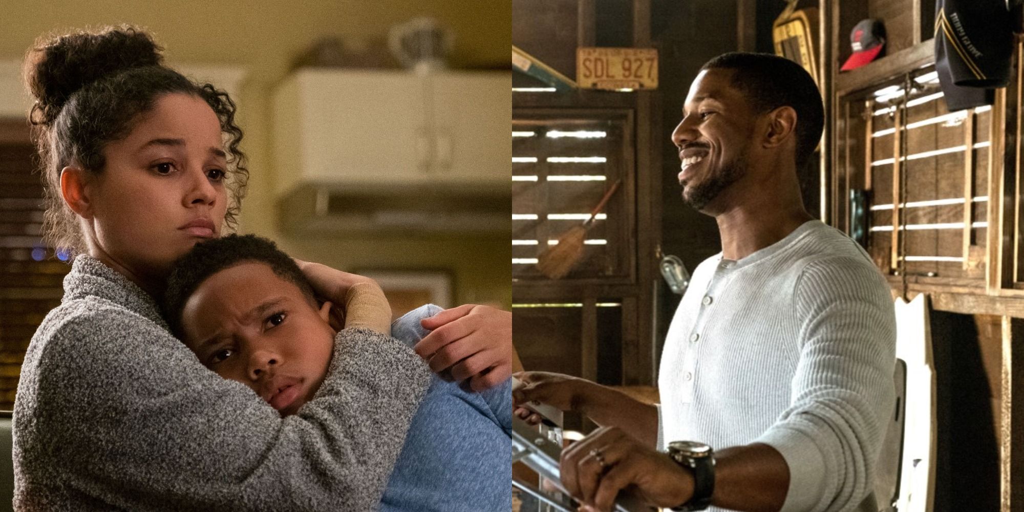 Split image showing Nicole hugging Dion and Mark smiling in Raising Dion