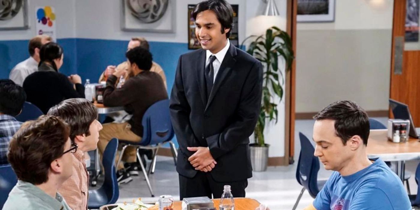 Raj talking to the guys in a suit on TBBT