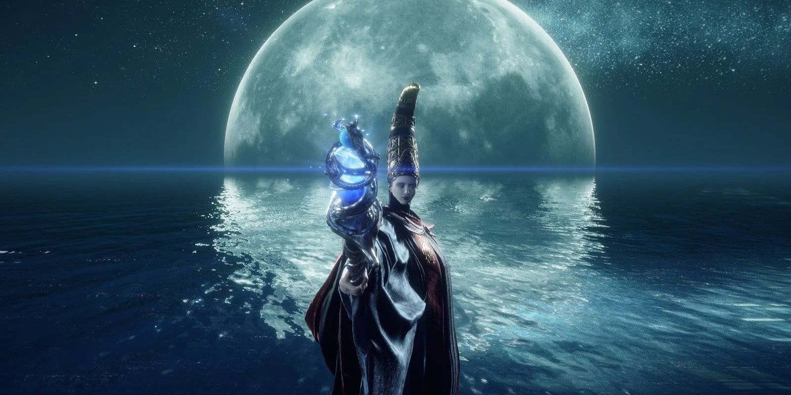 Rennala, Queen of the Full Moon, a boss from Elden Ring, with the moon setting in the background.