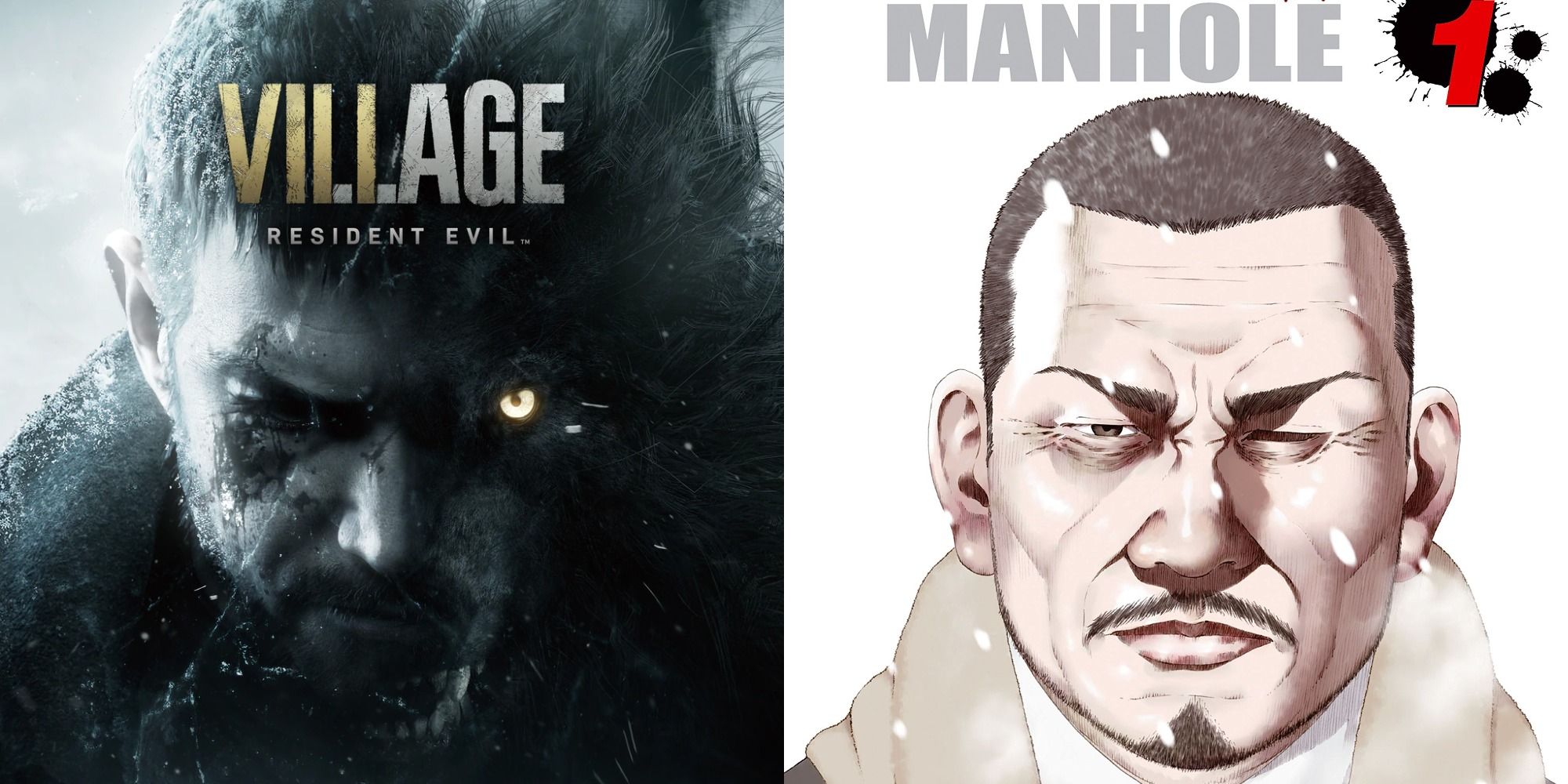 Split image showing covers for Resident Evil Village and the Manhole manga