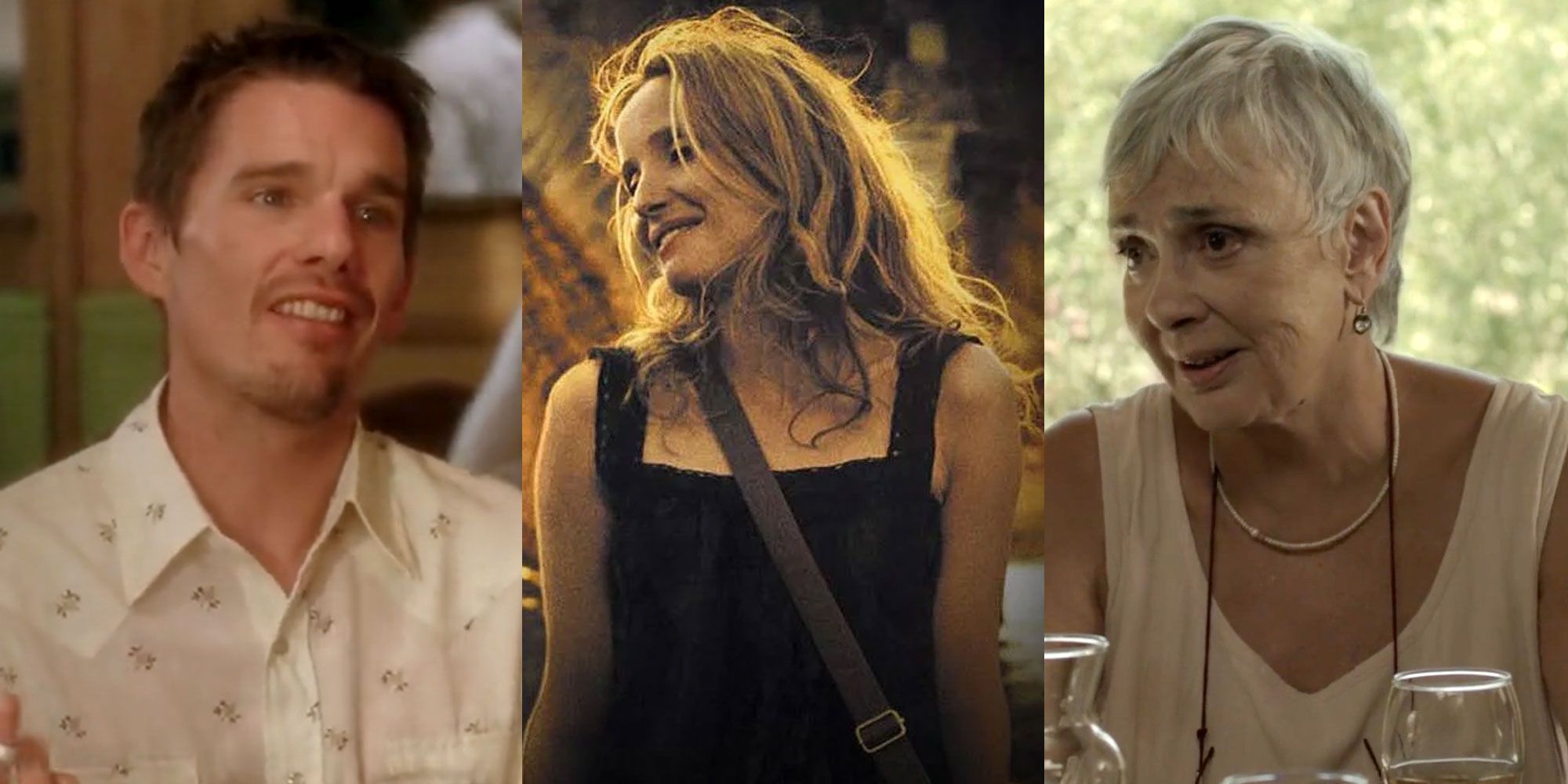 Three side by side images from Richard Linklater's Before trilogy.