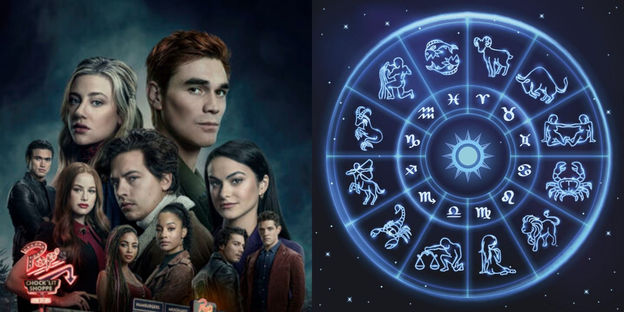 Split image showing characters from Riverdale and a zodiac wheel