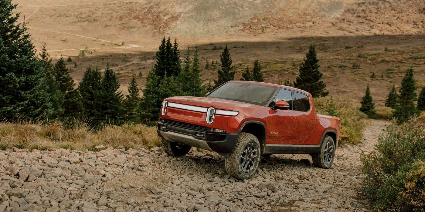 The Rivian R1T electric pickup on a rocky road