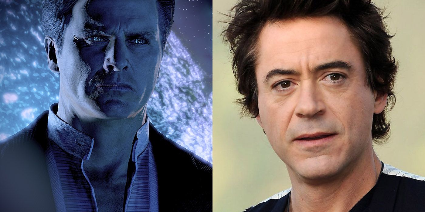 Split image of The Illusive Man and Robert Downey Jr.