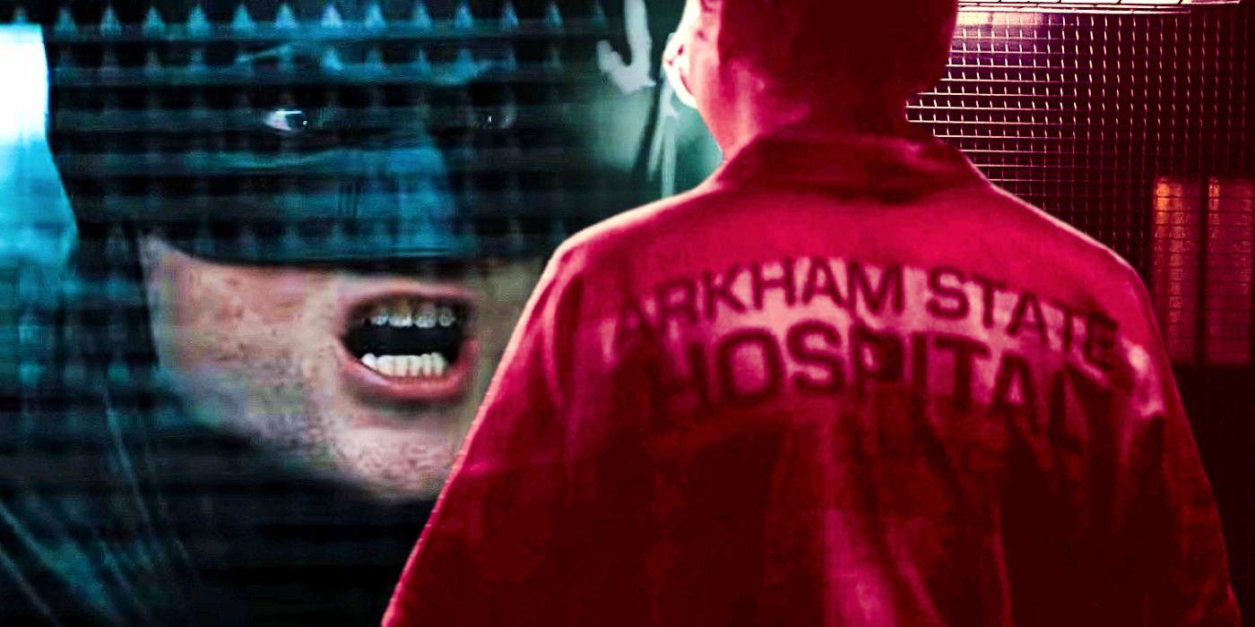 Robert Pattinson as Batman and Paul Dano as Joker in Arkham during The Batman
