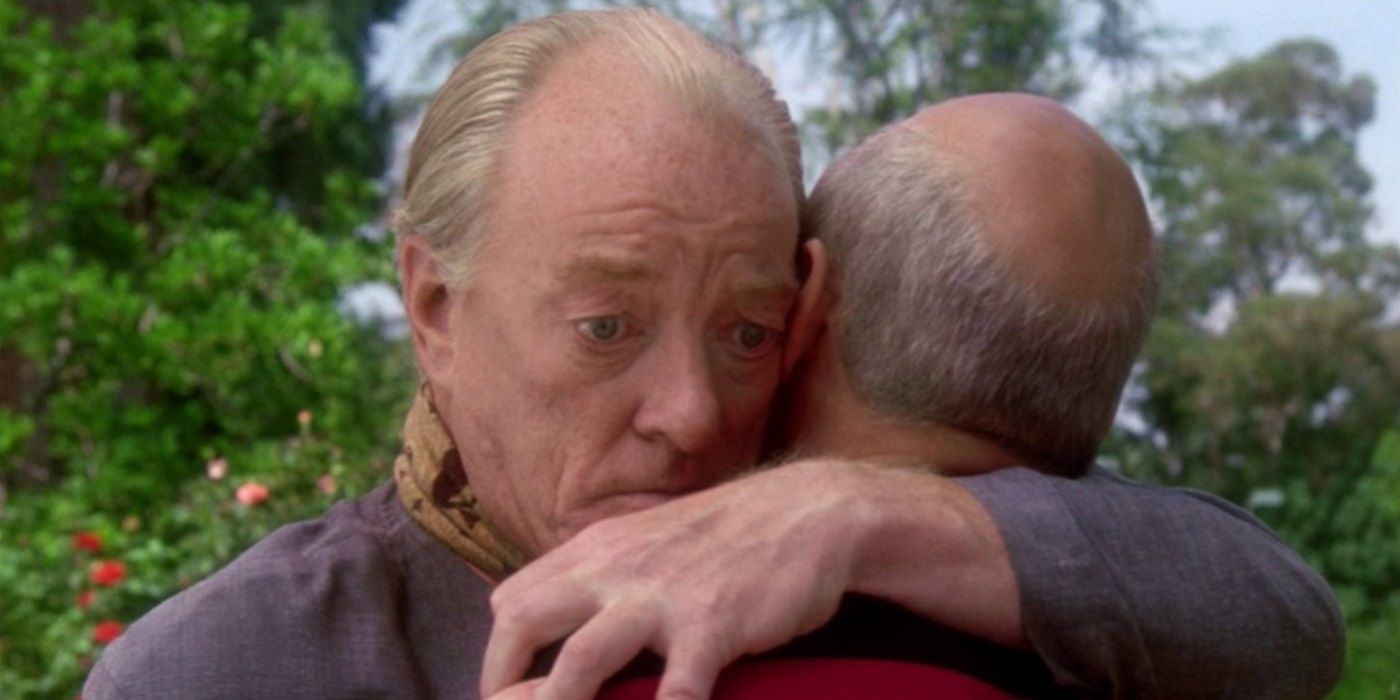 Robert Picard hugging Jean-Luc in Star Trek
