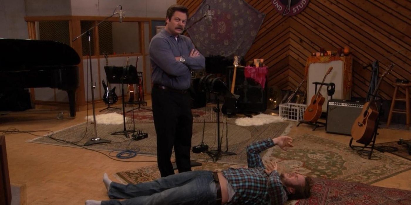 Ron and Andy in the studio making music on Parks and Rec