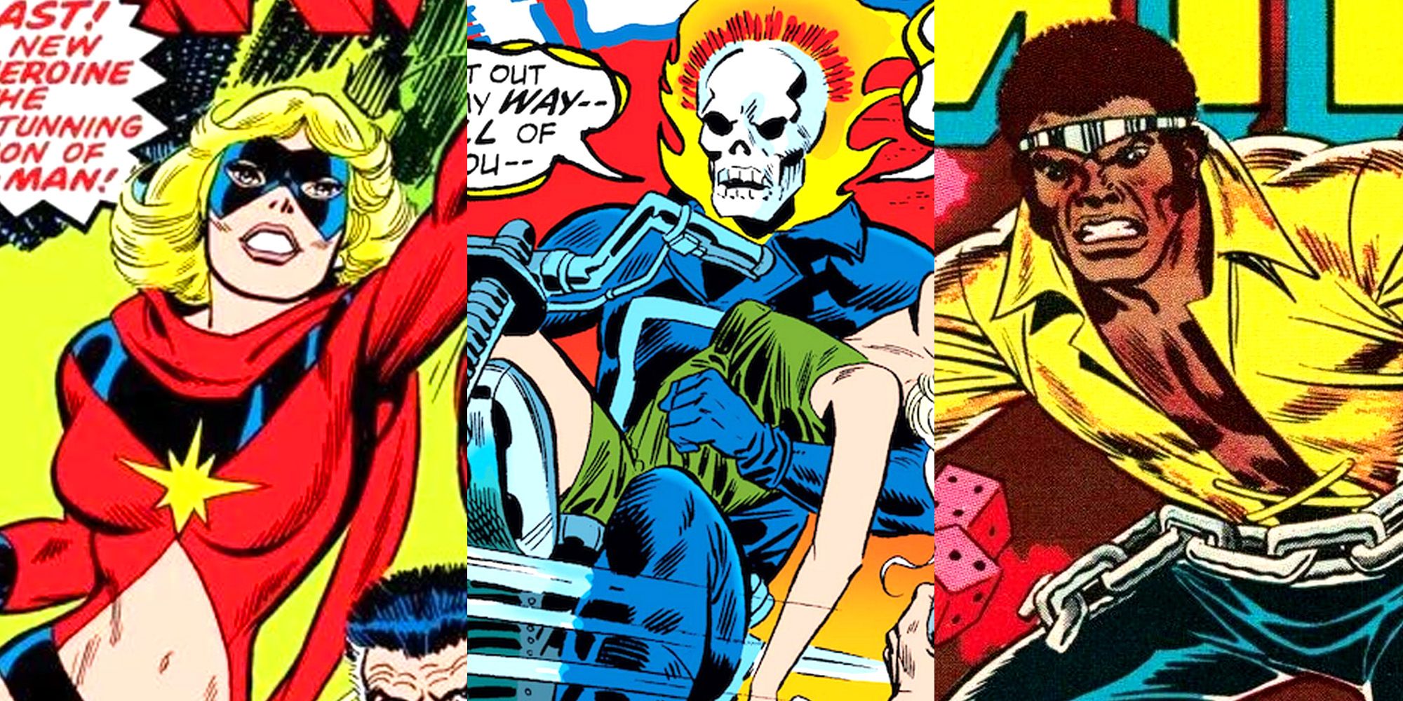 A split image of Captain Marvel flying, Ghost Rider riding his motorcycle, and Luke Cage preparing to fight someone in the Marvel Comics