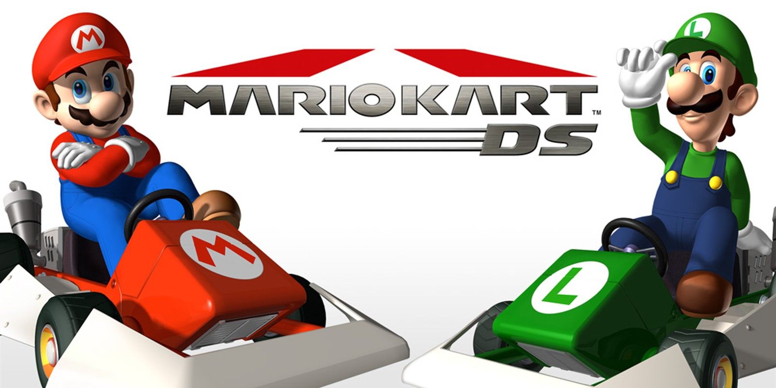 Sampul promosi Mario Kart DS dengan Mario dan Luigi di kart mereka.