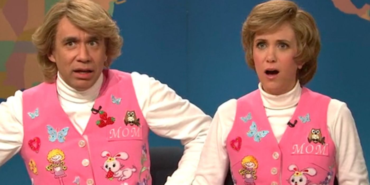 Garth and Kat Singing together in matching pink vests on SNL