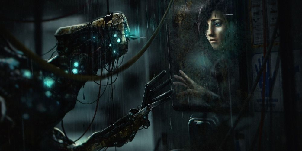 An AI lifeforms approaches a character in the underwater hellscape of SOMA
