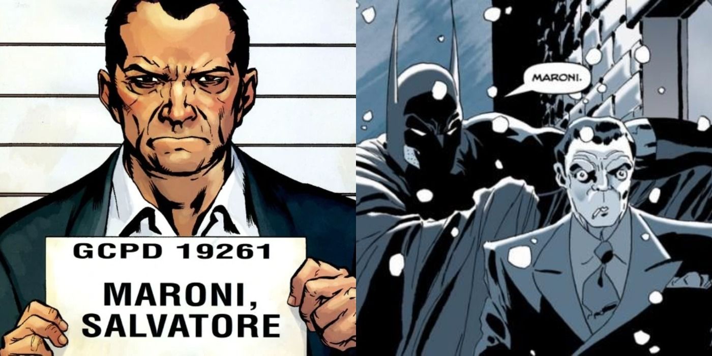 Split image of Maroni imprisoned and being interrogated by Batman