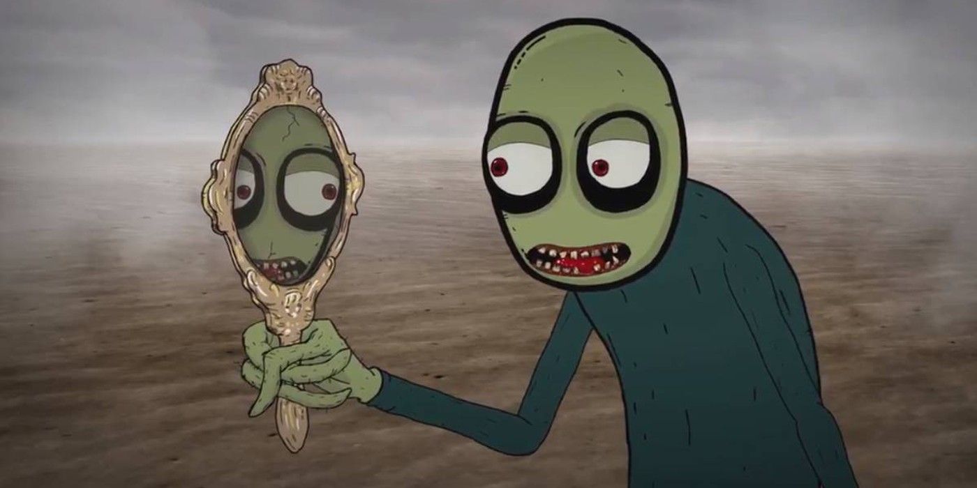 Salad Fingers looking into a mirror