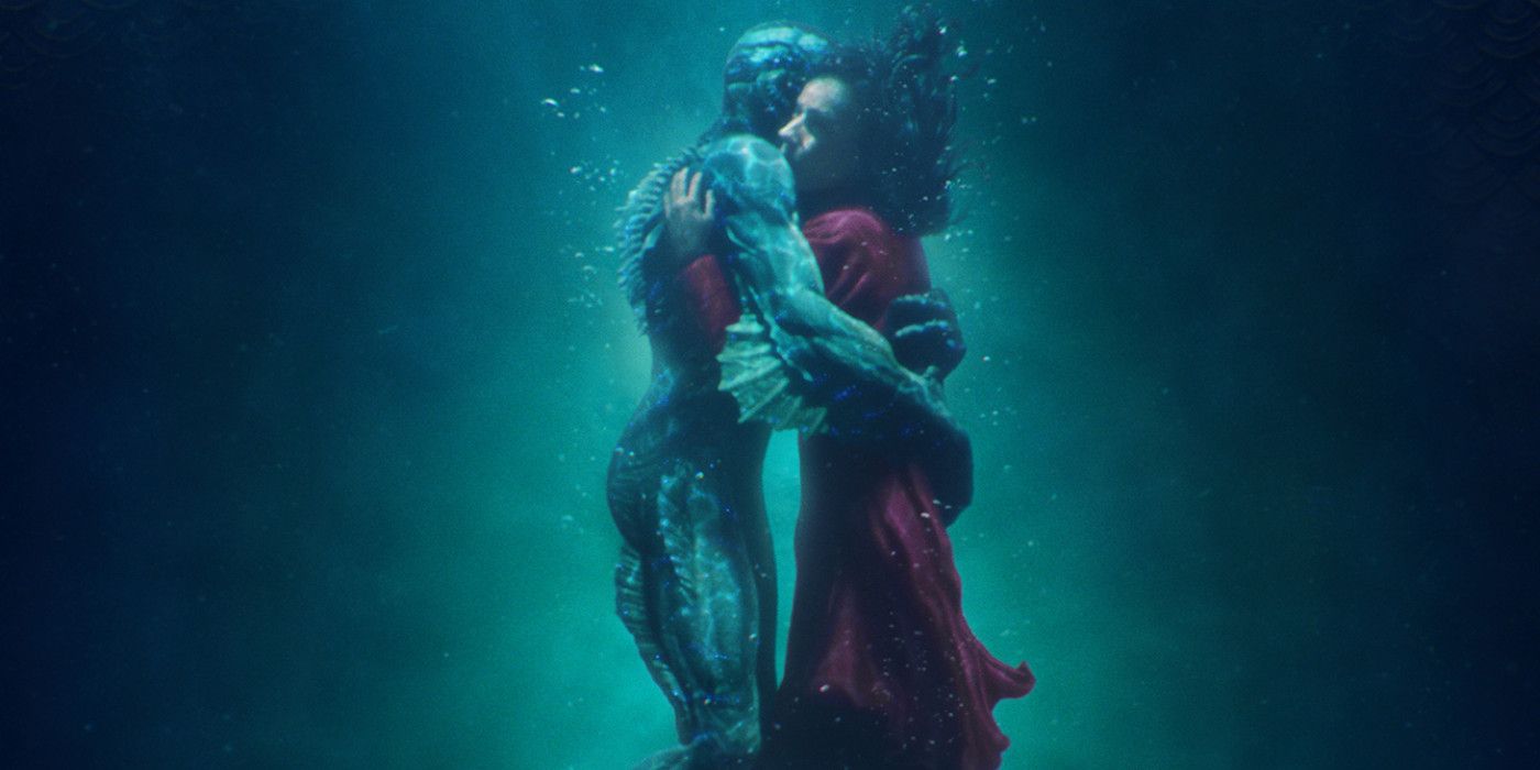 Sally Hawkins embracing the fish man on the poster for The Shape of Water