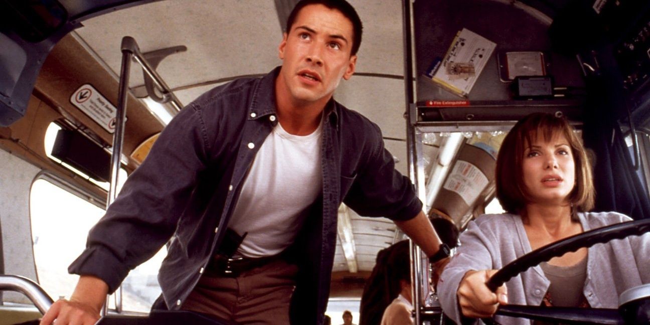 Sandra Bullock and Keanu Reeves driving a bus in Speed