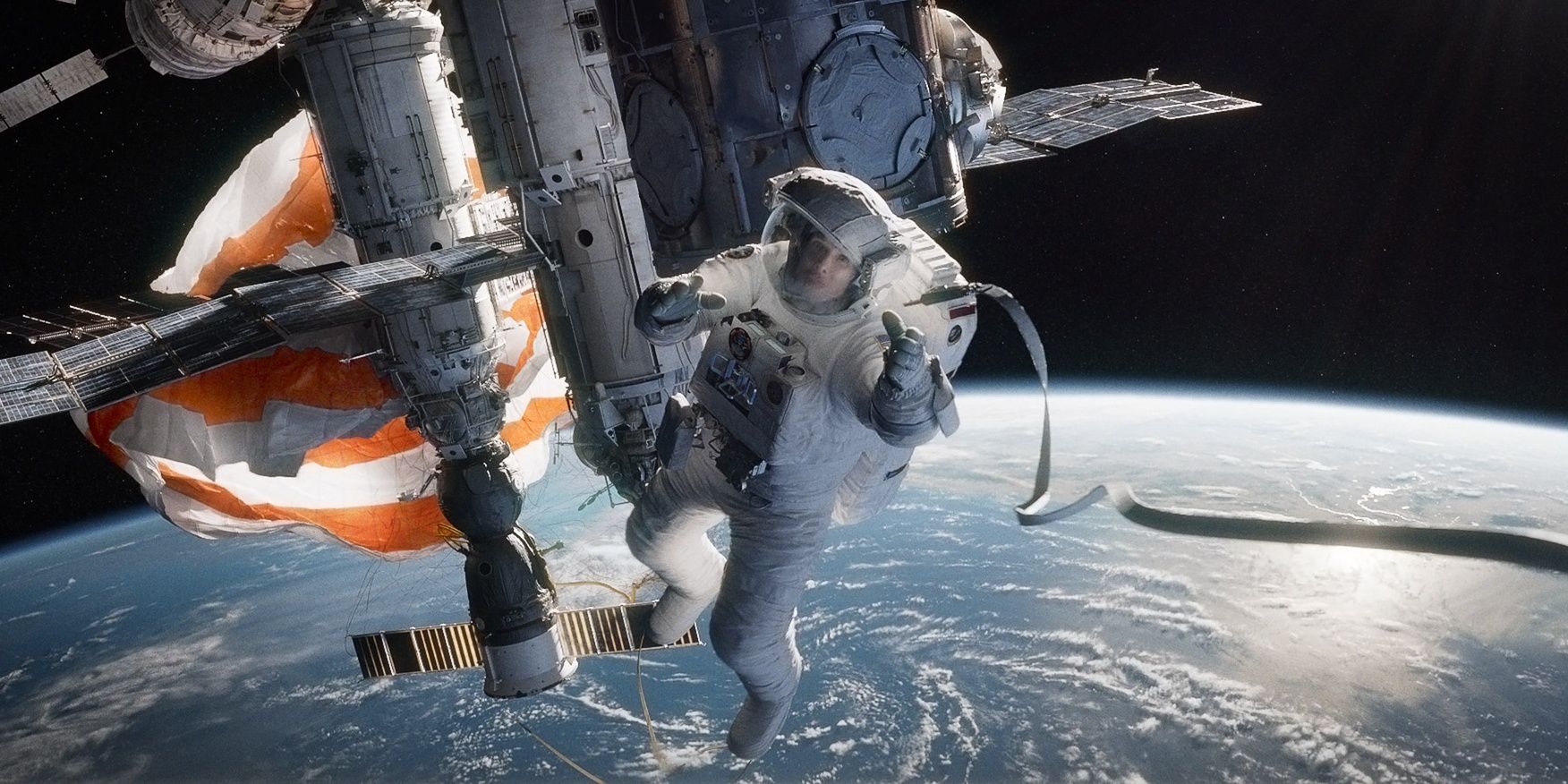Sandra Bullock trapped in the space station in Gravity Cropped