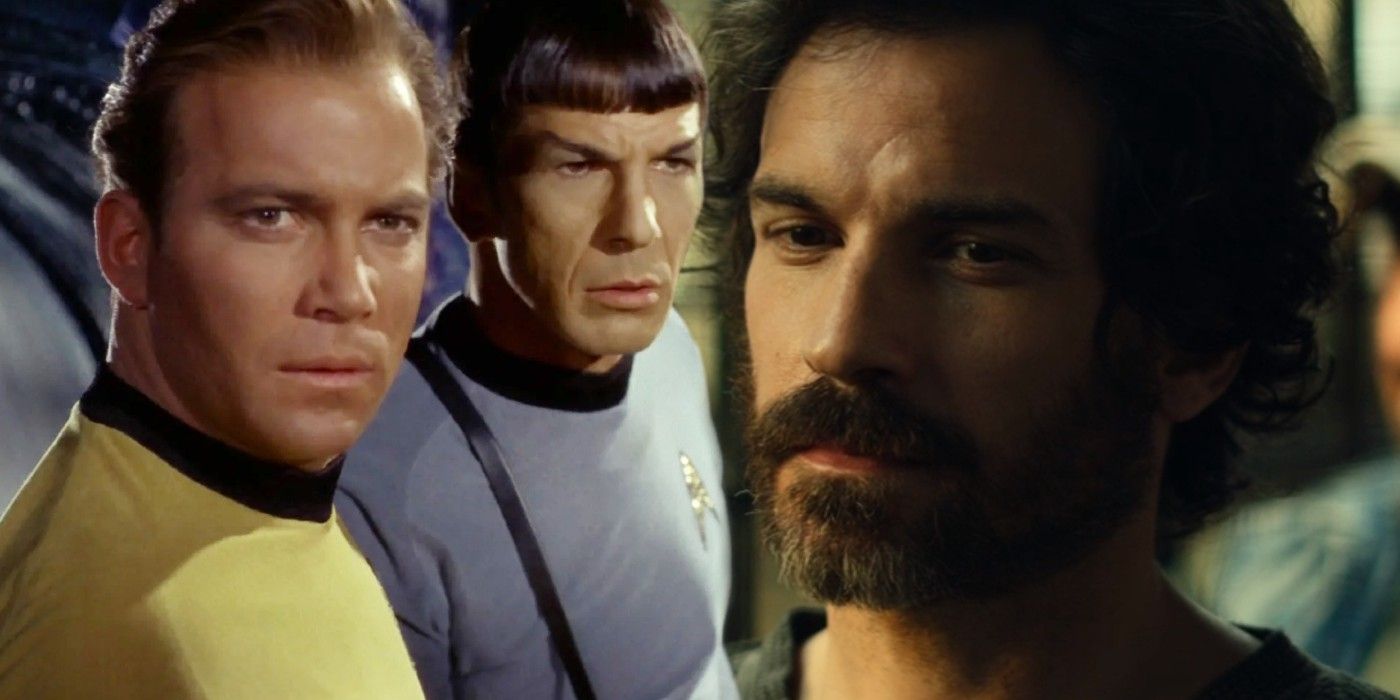 Santiago Cabrera as Rios in Star Trek Picard Leonard Nimoy as Spock and Wliliam Shatner as Kirk in Star Trek