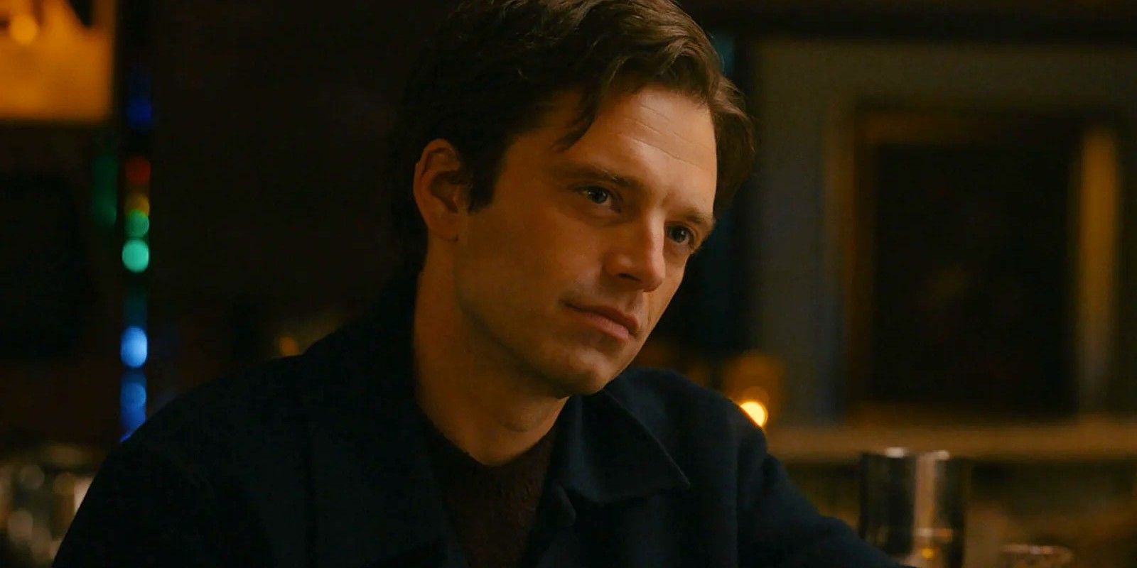 Sebastian Stan looks curious in Fresh