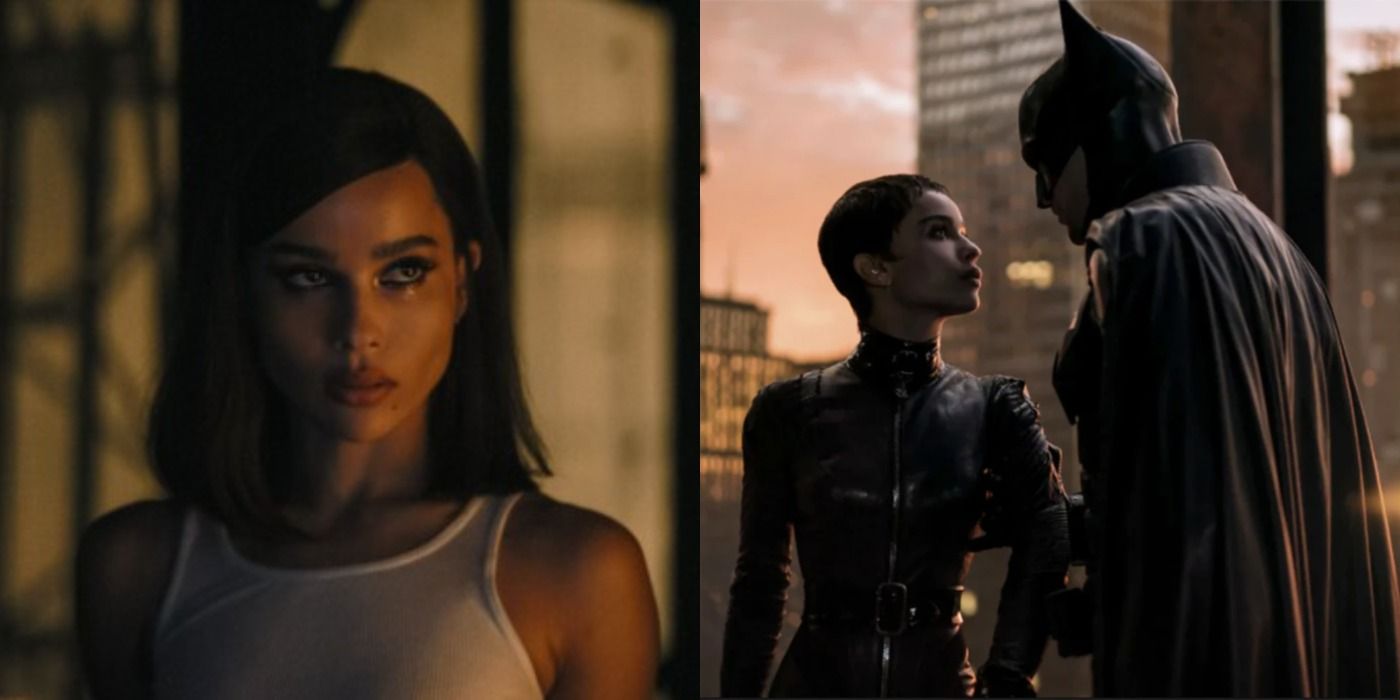 Split image of Selina Kyle as Catwoman and with Batman