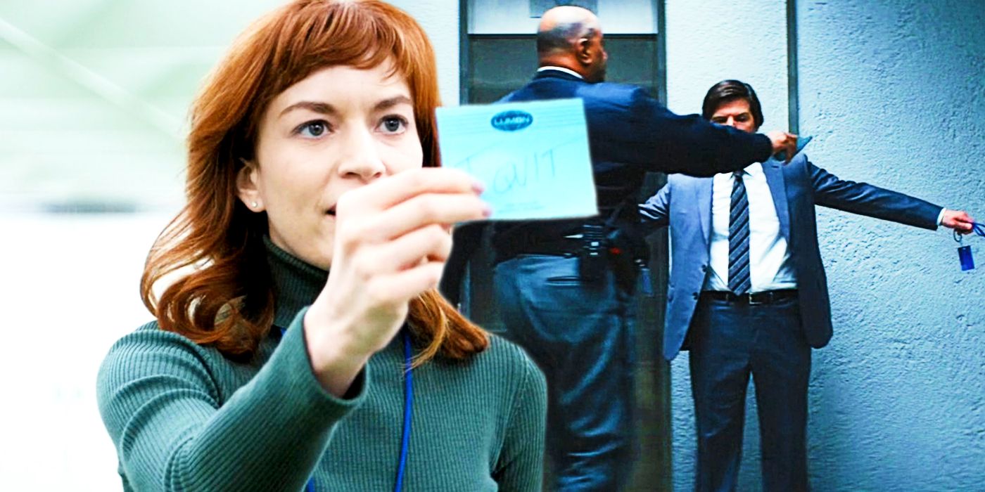 Severance Helly holding a quit code in front of Adam Scott with his arms out