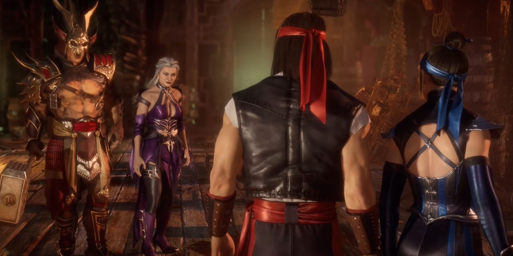 Shao Kahn and Sindel confronting Liu Kang and Kitana in Mortal Kombat 11