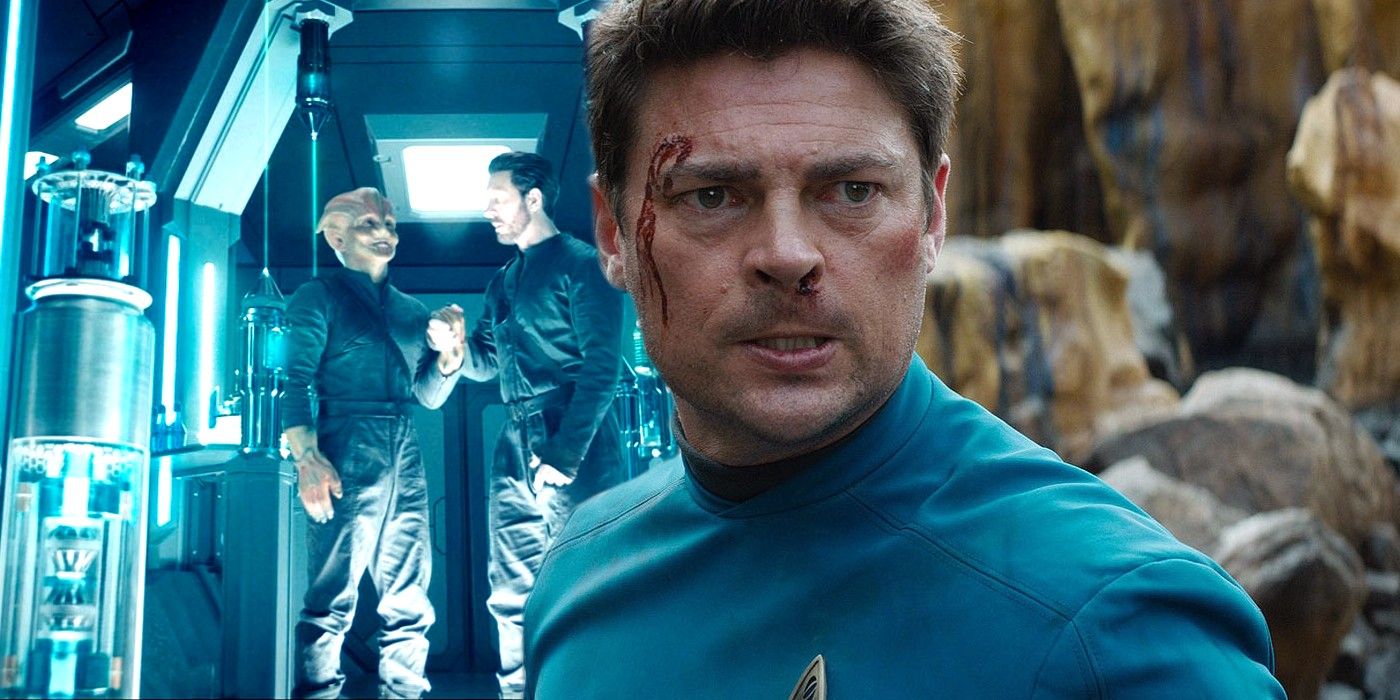 Shawn Doyle as Ruon Tarka and Osric Chau as Oros in Star Trek Discovery and Karl Urban as McCoy in Star Trek Beyond