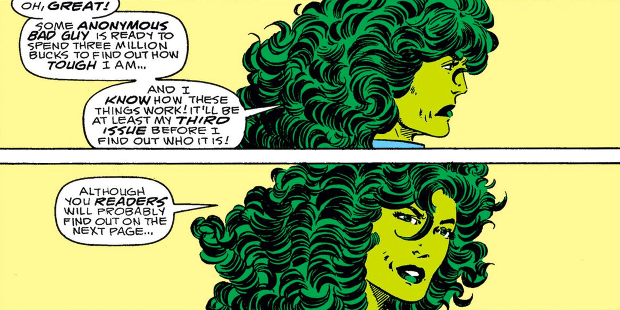 She-Hulk breaking the fourth wall in Sensational She-Hulk comics.