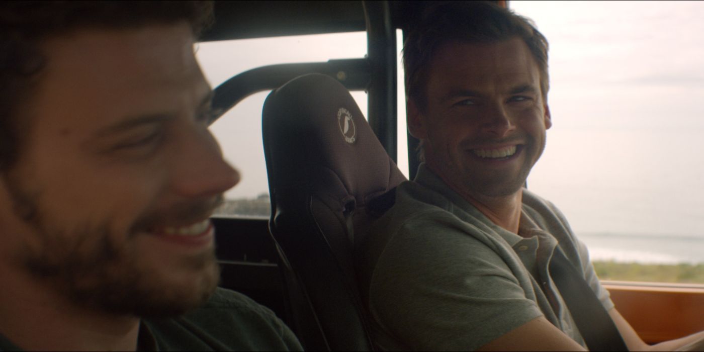 Two Men in a Jeep Smiling in the Movie She's In Portland