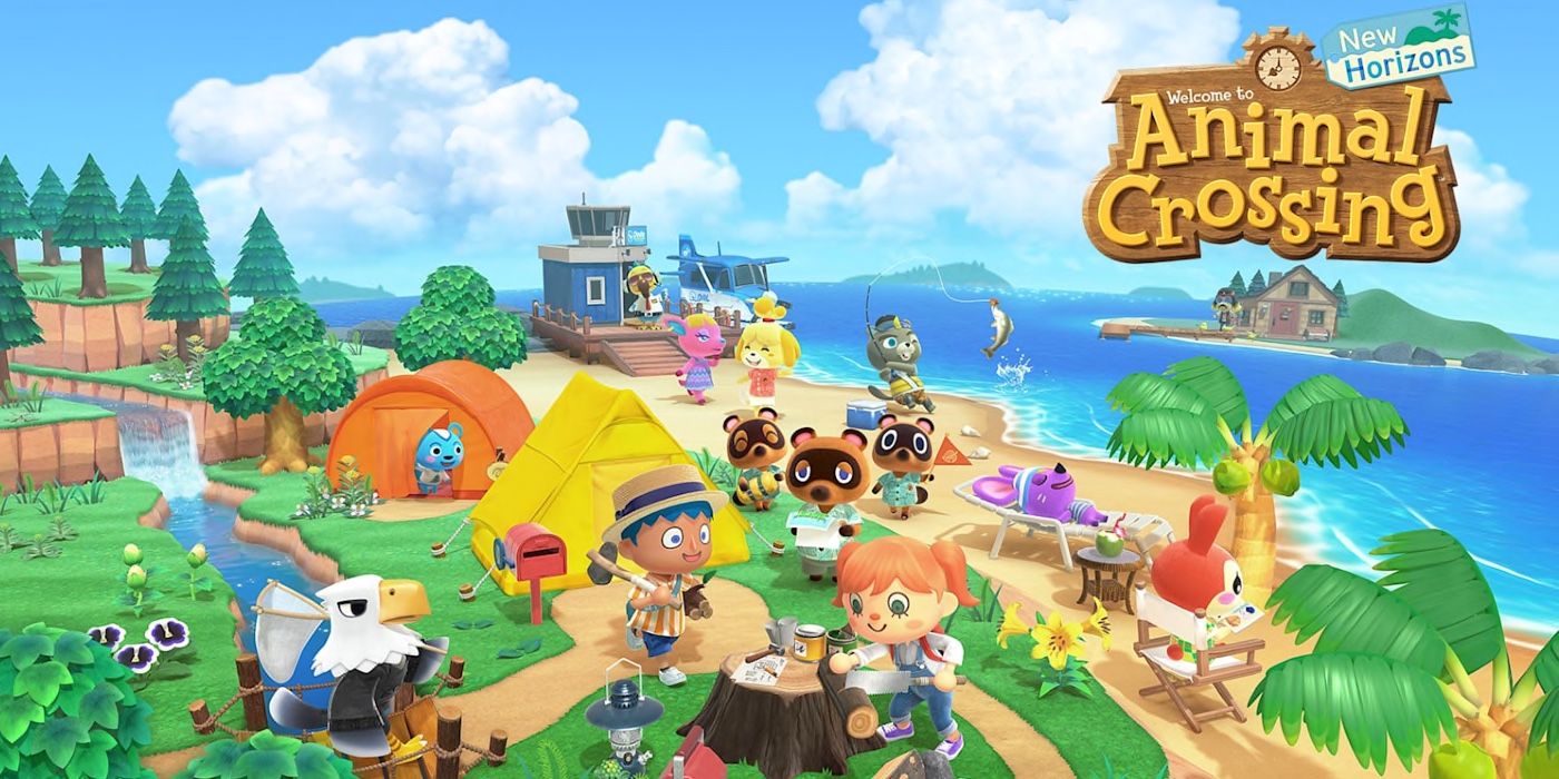 Wilderness view with water and trees, and characters with animal crossing title