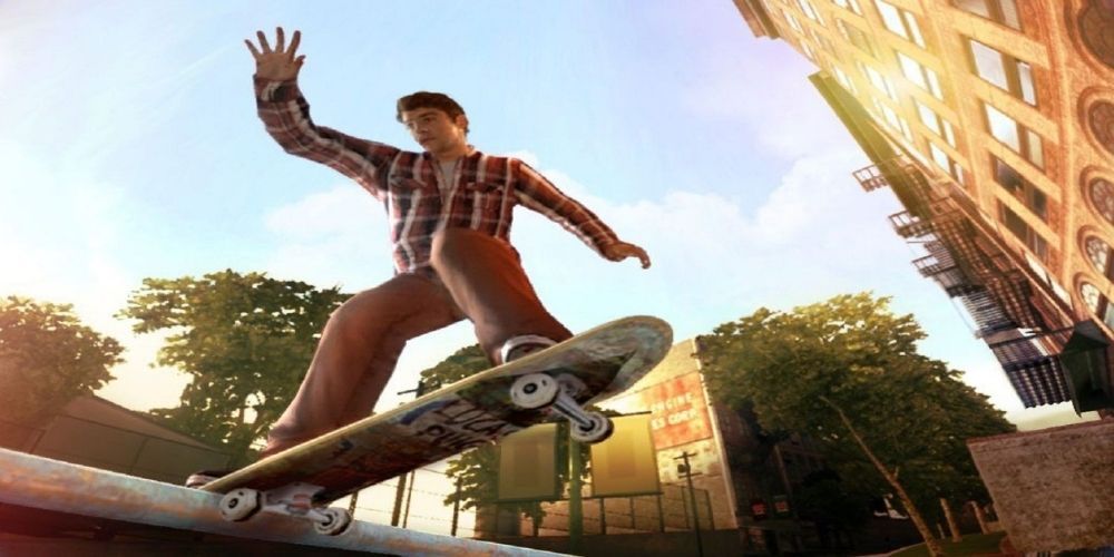 A player does a trick in the skateboarding game Skate 2