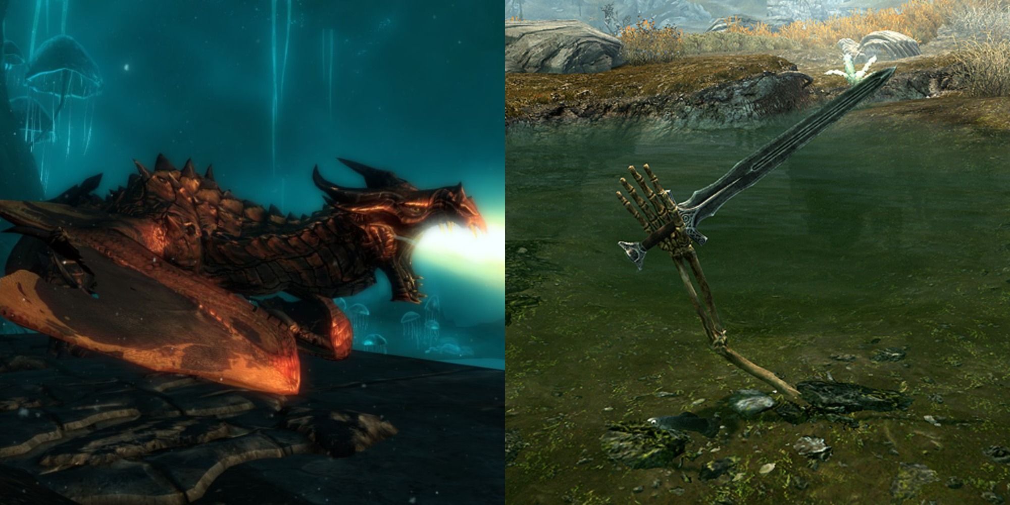 Split image showing a dragon and a skeleton hand holding a sword in Skyrim