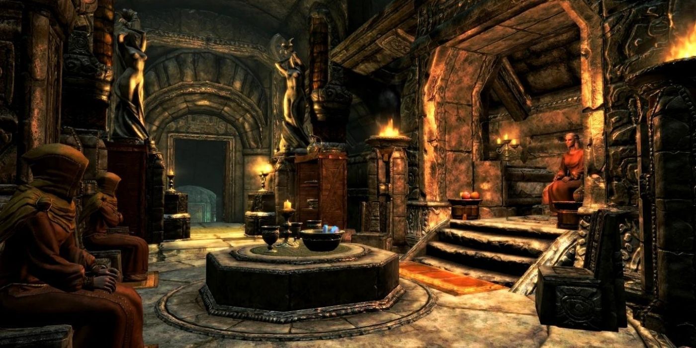 An empty room lit by fireplace in Skyrim