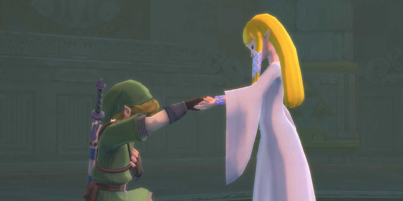 Link holding Zelda's hands and bowing in The Legend of Zelda: Skyward Sword
