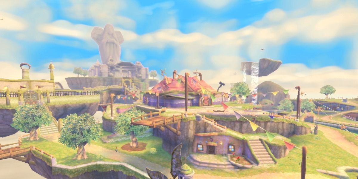 The floating island village of Skyloft in The Legend of Zelda: Skyward Sword.