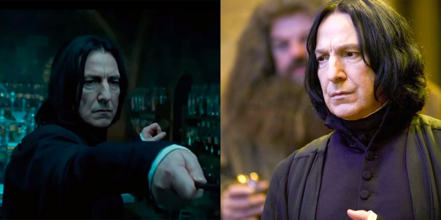 Snape casting a spell and Snape looking annoyed in Harry Potter