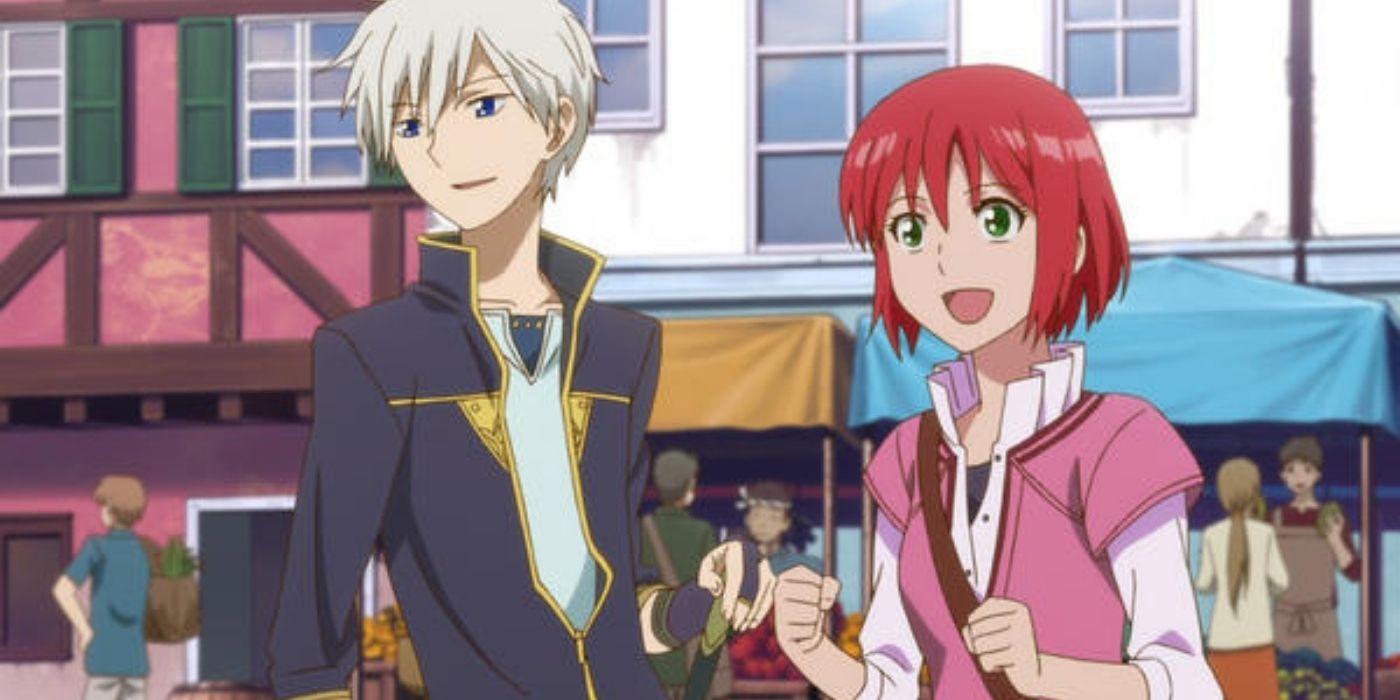 Shirayuki e Zen sorrindo em Branca de Neve com o cabelo vermelho