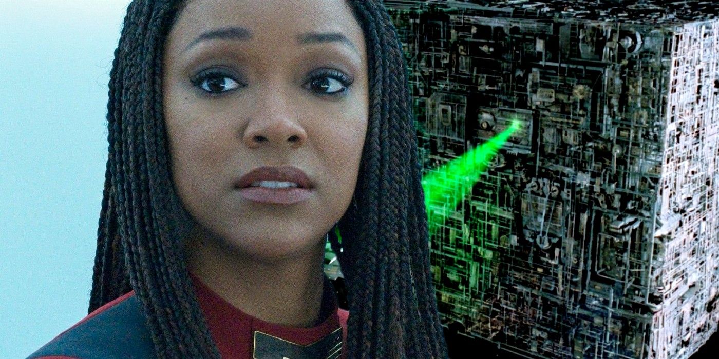 Sonequa Martin Green as Burnham in Star Trek Discovery and Borg Cube in Star Trek Next Generation