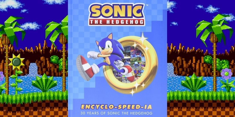Sonic the Hedgehog pops out of a giant ring in the Encyclopedia-speed-ia book cover