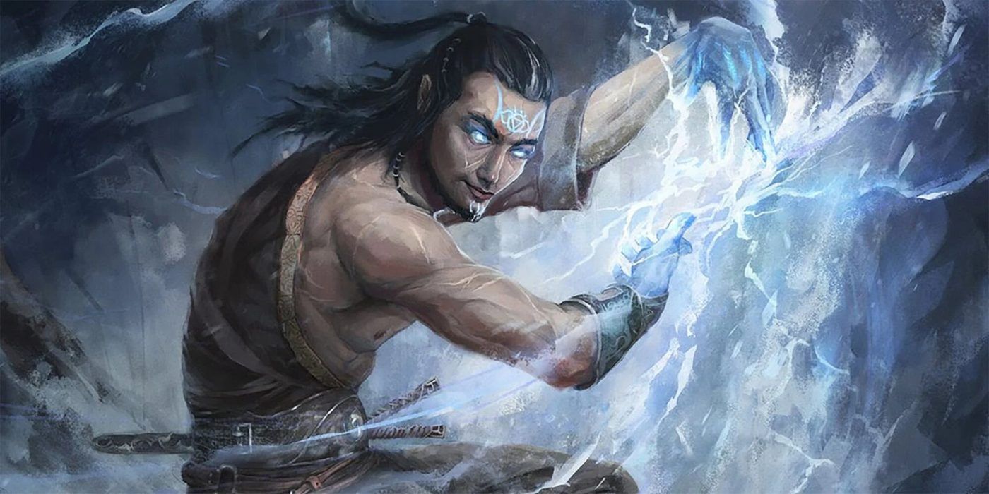 A D&D character with frozen eyes creates lightening with his hands